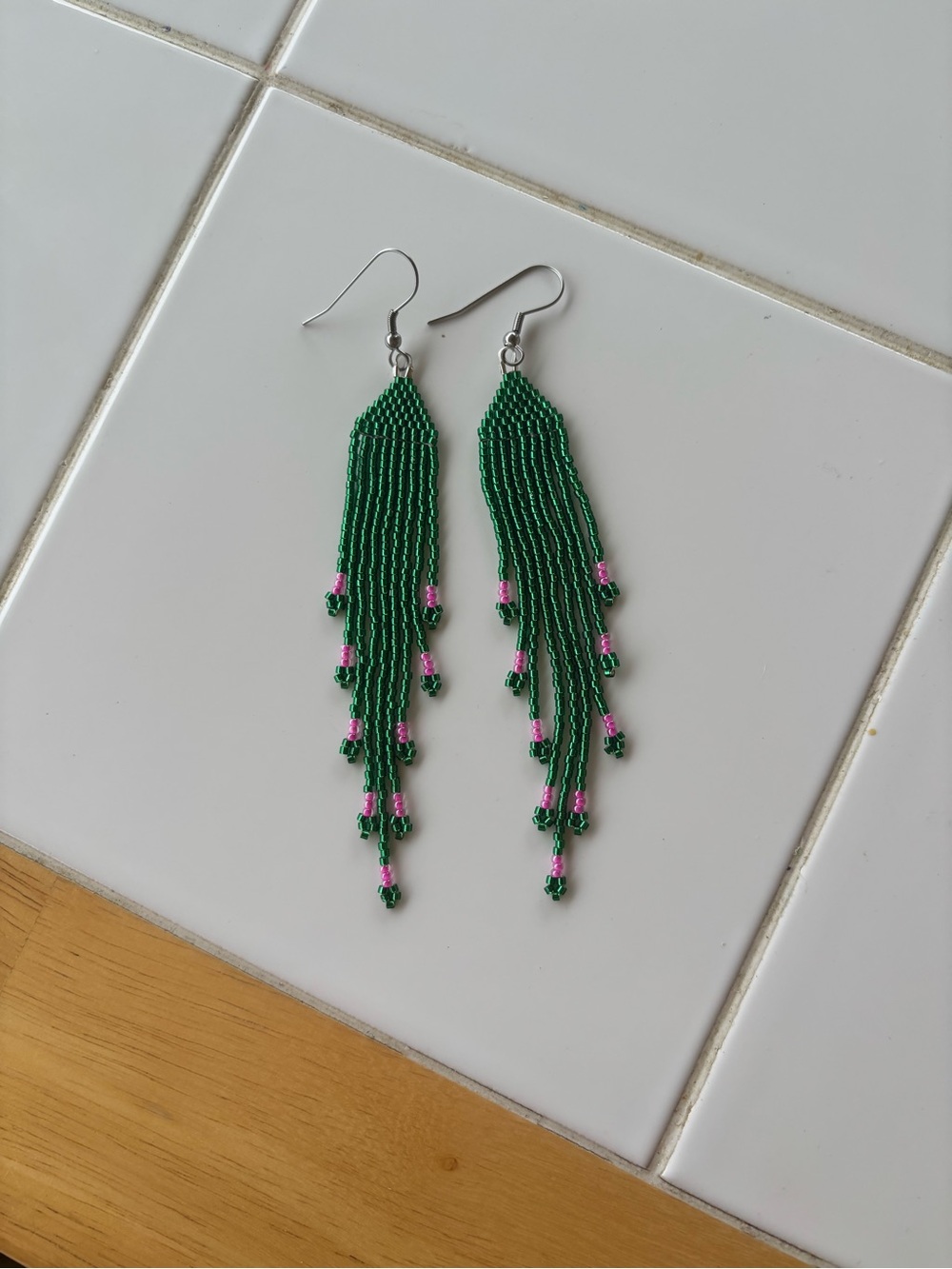 Handmade Green Beaded Fringe Earrings with Pink Accents